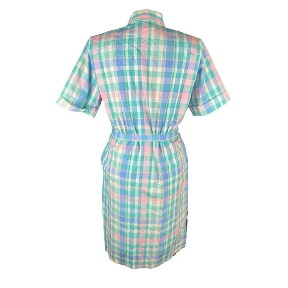 80’s Schrader pastel plaid pink blue button up short sleeve dress 14P - Picture 3 of 5
